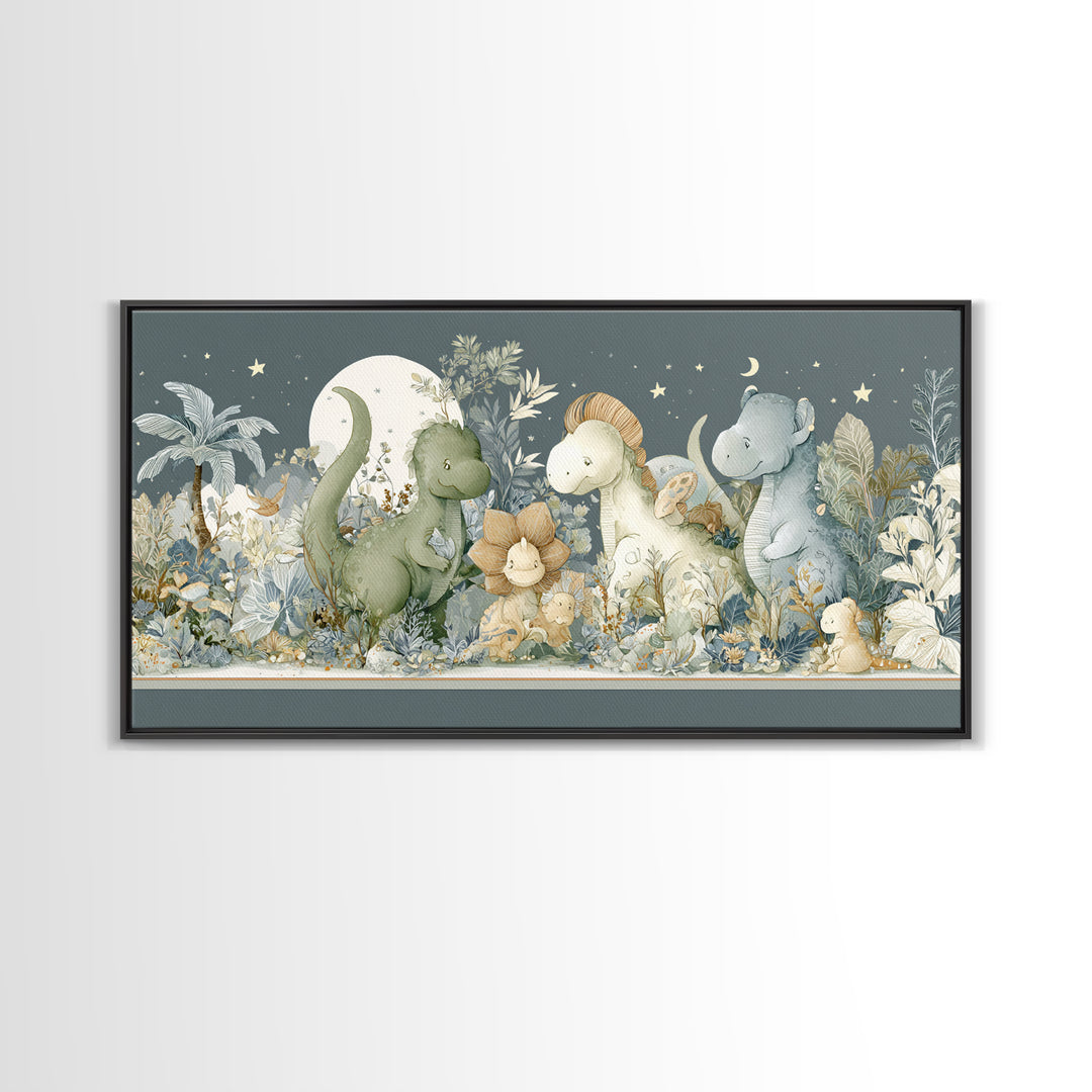 Gentle Dinosaur Family Framed Canvas Print, Nursery Decor, Boho Decor, Oil Painting, Nursery, Nursery Wall Art, Framed Wall Art, NDE-2x1-27