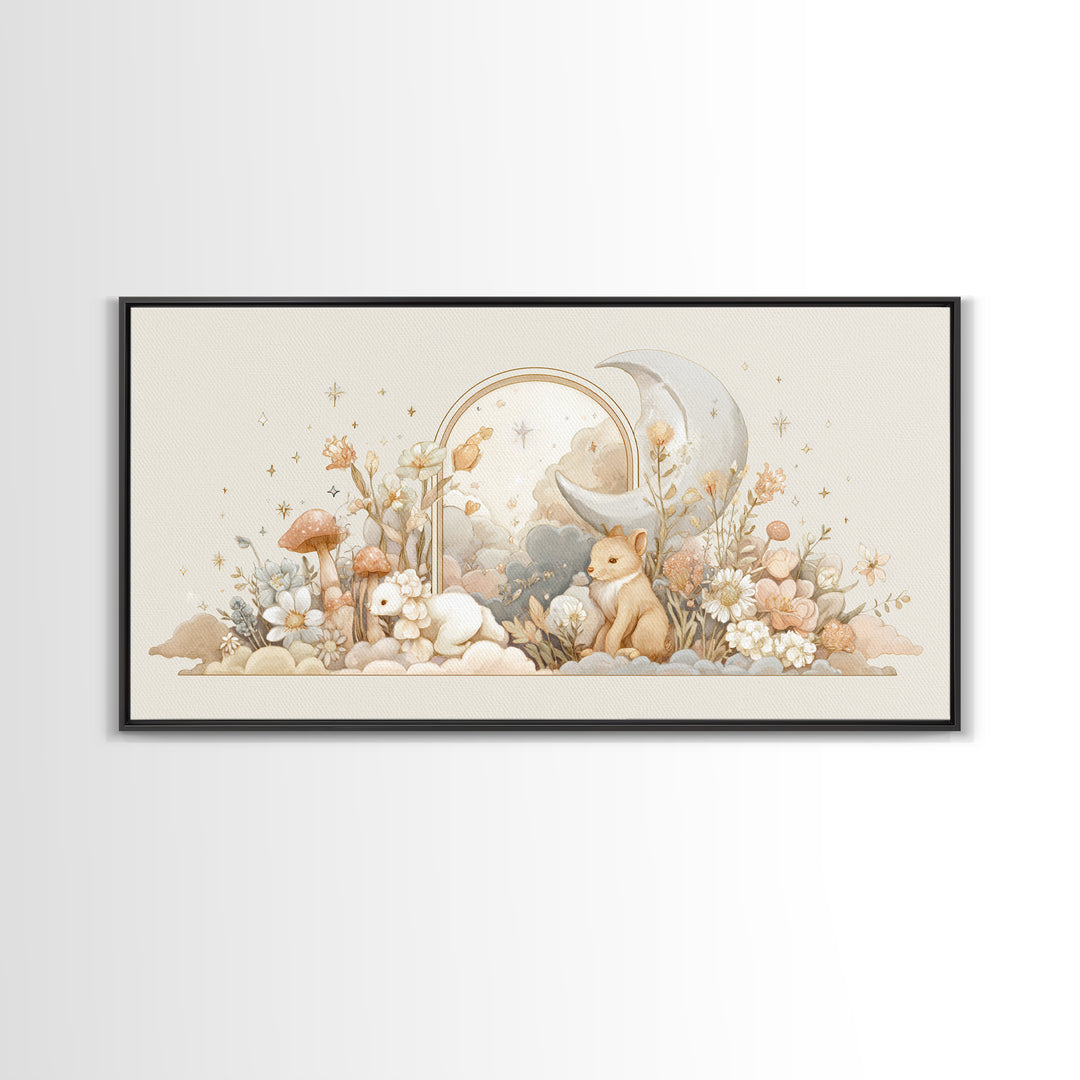 Soft Floral Initial Frame Without Letters Framed Canvas Print, Nursery Decor, Minimalist Decor, Oil Painting, Nursery, NDE-2x1-30