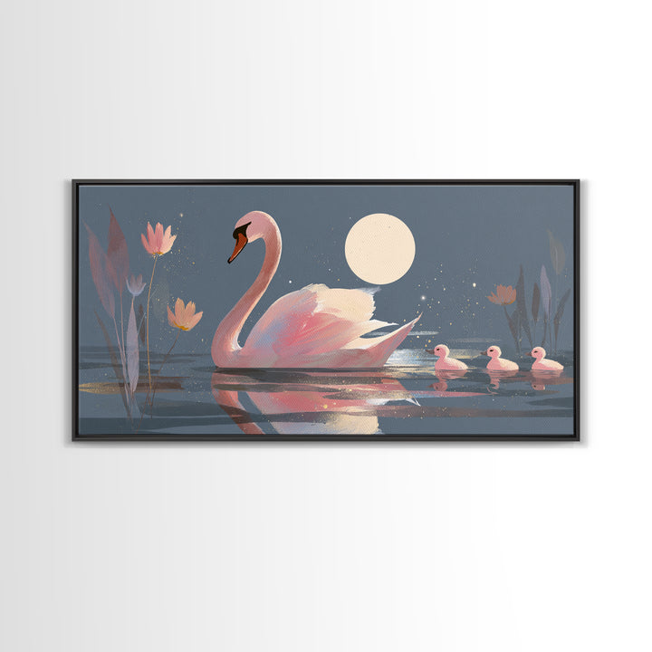 Pink Swan on Calm Pond Framed Canvas Print, Nursery Decor, Printable Wall Art, Nursery, Nursery Prints, Playroom Decor, NDE-2x1-33