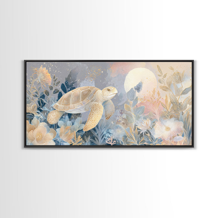 Tiny Turtle with Sea Plants Canvas Print, Nursery Decor, Nursery Wall Art, Oil Painting, Nursery, Botanical Wall Art, NDE-2x1-39