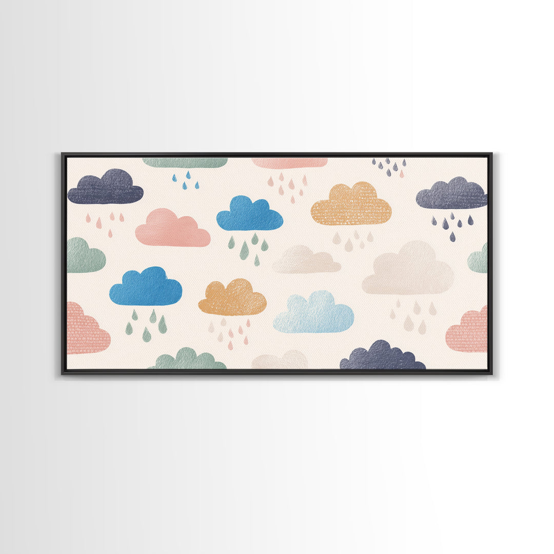 Cloud Rainbow and Raindrop Composition Framed Canvas Print, Nursery Decor, Wall Decor, Nursery, Woodland Nursery Decor, NDE-2x1-40
