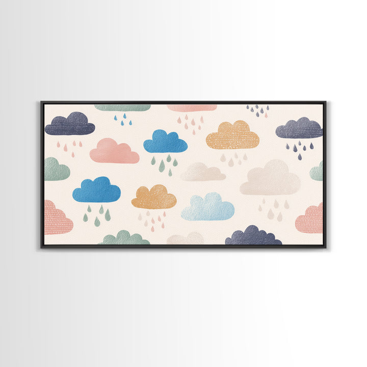 Cloud Rainbow and Raindrop Composition Framed Canvas Print, Nursery Decor, Wall Decor, Nursery, Woodland Nursery Decor, NDE-2x1-40