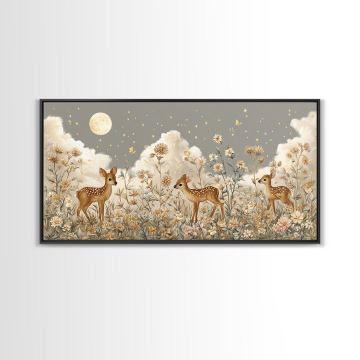 Baby Deer in Meadow with Fireflies Framed Canvas Print, Nursery Decor, Room Decor, Fine Art, Nursery, Framed Wall Art, NDE-2x1-42