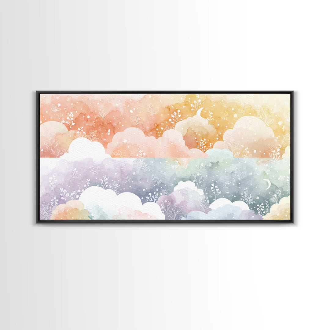 Pastel Rainbow with Soft Cloud Shapes Framed Canvas Print, Nursery Decor, Nursery Wall Decor, Nursery, Nursery Name Sign, NDE-2x1-45