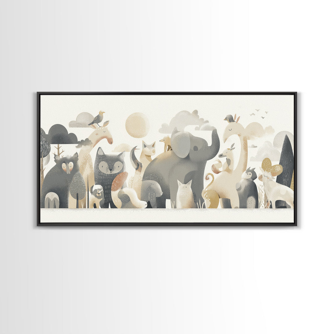 Woodland Animal Parade Framed Canvas Print, Nursery Decor, Wall Decor, Nursery, Woodland Nursery Decor, Nursery Prints, NDE-2x1-46