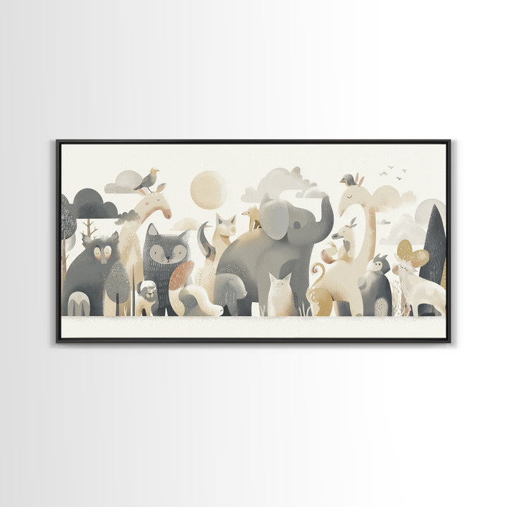 Woodland Animal Parade Framed Canvas Print, Nursery Decor, Wall Decor, Nursery, Woodland Nursery Decor, Nursery Prints, NDE-2x1-46