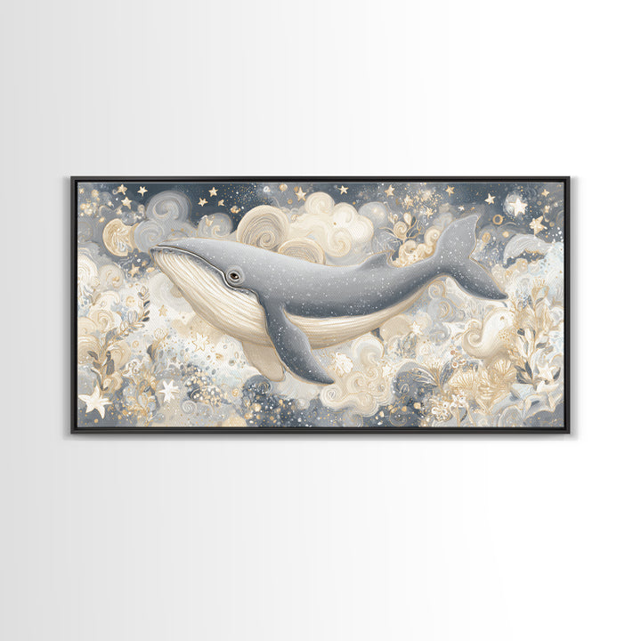 Baby Whale Swimming Through Stars Canvas Print, Nursery Decor, Canvas, Fine Art, Nursery, Playroom Decor, Floral Wall Art, NDE-2x1-52