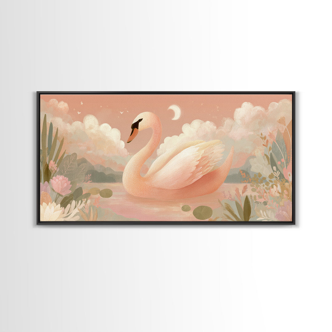 Pink Swan on Calm Pond Canvas Print, Nursery Decor, Wall Decal, Fine Art, Nursery, Wall Light, Baby Girl Nursery Decor, NDE-2x1-57