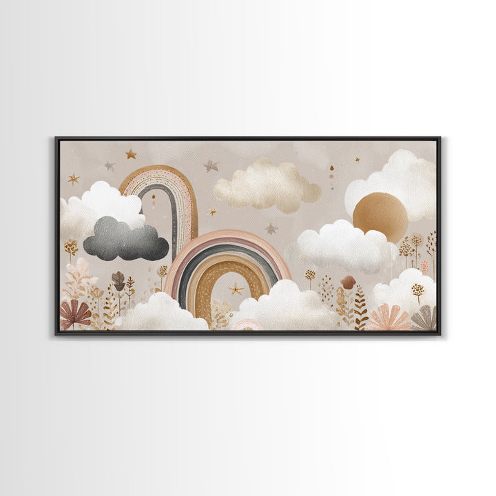 Cloud Rainbow and Raindrop Composition Canvas Print, Nursery Decor, Framed Wall Art, Fine Art, Nursery, Safari Nursery Decor, NDE-2x1-64