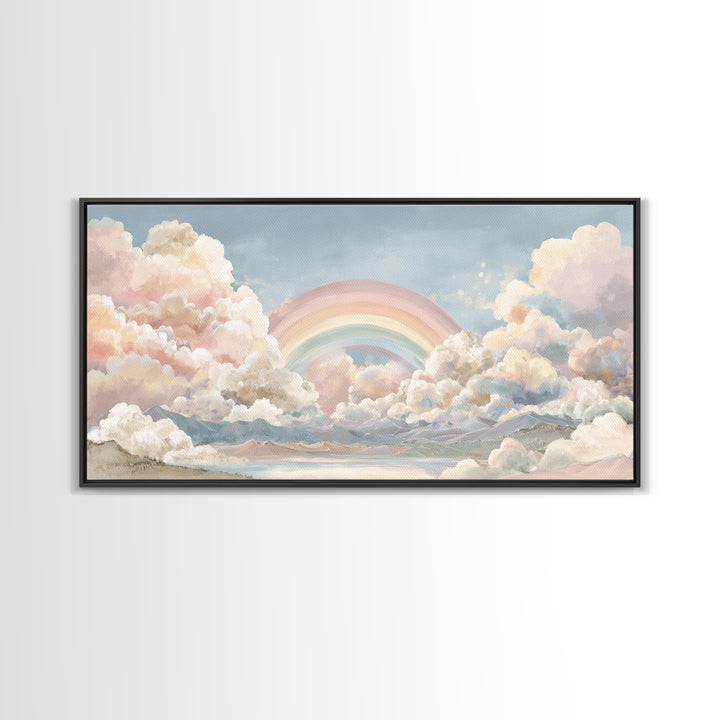 Pastel Rainbow with Soft Cloud Shapes Canvas Print, Nursery Decor, Floral Wall Art, Abstract Art, Nursery, Gallery Decor, NDE-2x1-69