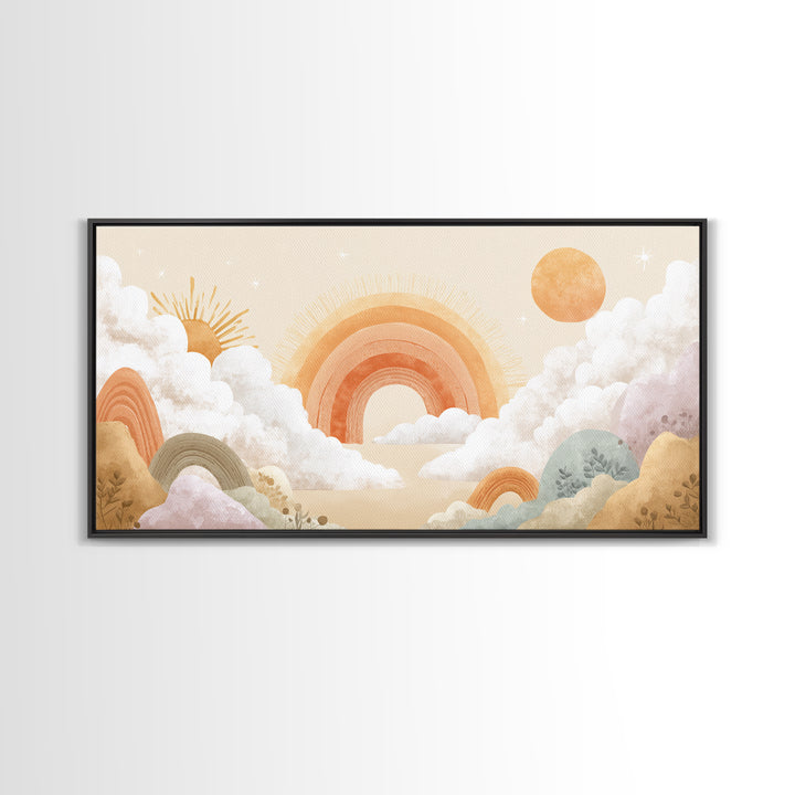 Neutral Boho Sun and Arch Shapes Framed Canvas Print, Nursery Decor, Canvas, Abstract Art, Nursery, Playroom Decor, NDE-2x1-7