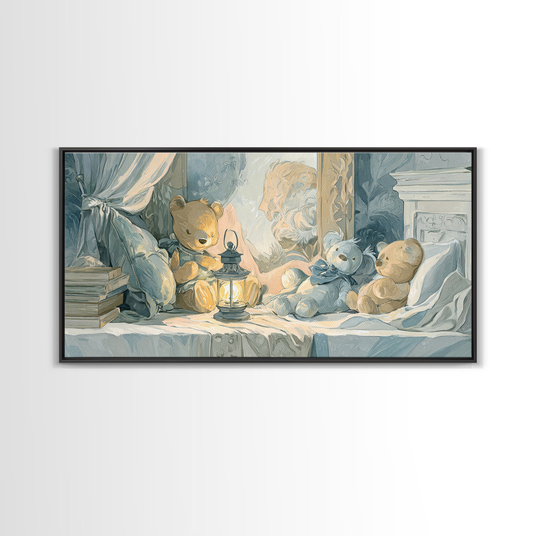 Storybook Bear with Little Lantern Canvas Print, Nursery Decor, Wall, Oil Painting, Nursery, Nursery Wall Decals, NDE-2x1-77