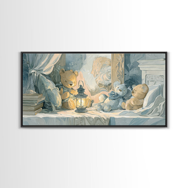 Storybook Bear with Little Lantern Canvas Print, Nursery Decor, Wall, Oil Painting, Nursery, Nursery Wall Decals, NDE-2x1-77