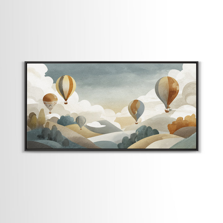 Hot Air Balloon Drifting Framed Canvas Print, Nursery Decor, Playroom Decor, Nursery, Boy Nursery Decor, Gallery Decor, NDE-2x1-80