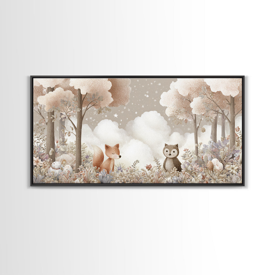 Fox and Owl Friends Canvas Print, Nursery Decor, Canvas, Fine Art, Nursery, Playroom Decor, Floral Wall Art, Botanical Wall Art, NDE-2x1-82