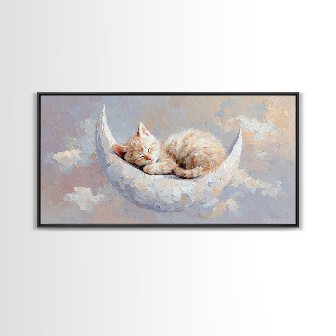 Sleeping Kitten on Crescent Moon Framed Canvas Print, Nursery Decor, Nursery Prints, Fine Art, Nursery, Nursery Wall Decal, NDE-2x1-85