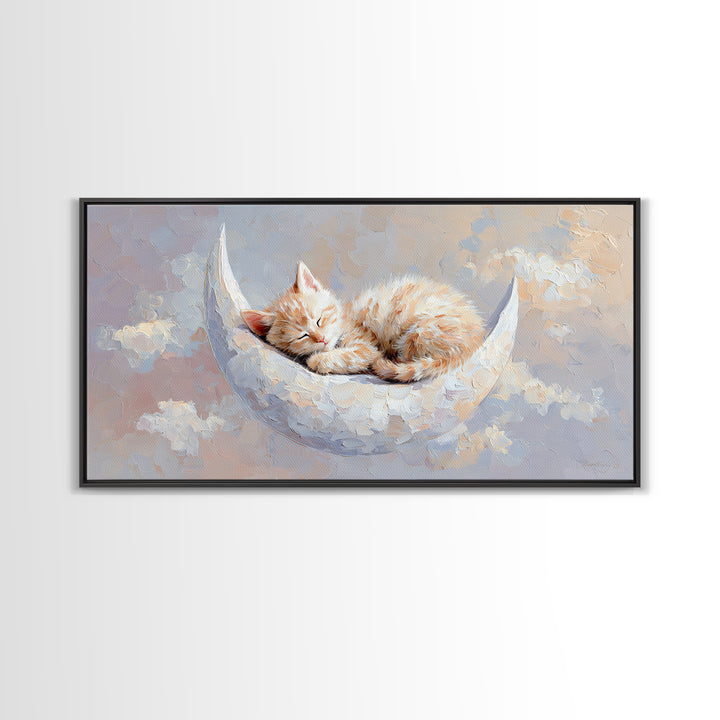 Sleeping Kitten on Crescent Moon Framed Canvas Print, Nursery Decor, Nursery Prints, Fine Art, Nursery, Nursery Wall Decal, NDE-2x1-85