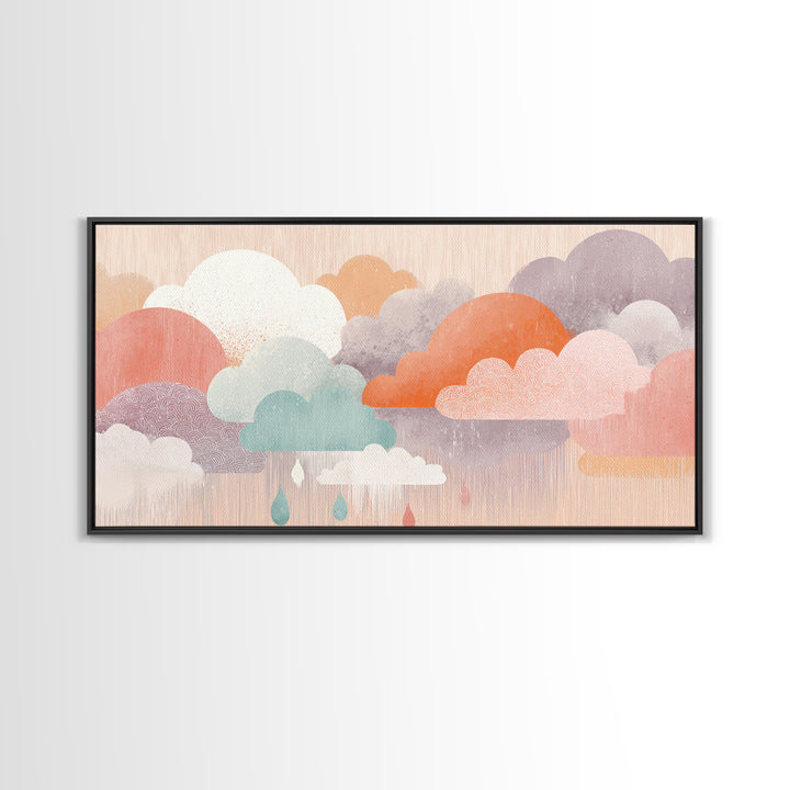 Cloud Rainbow and Raindrop Composition Framed Canvas Print, Nursery Decor, Nursery Art, Fine Art, Nursery, Kids Wall Art, NDE-2x1-88