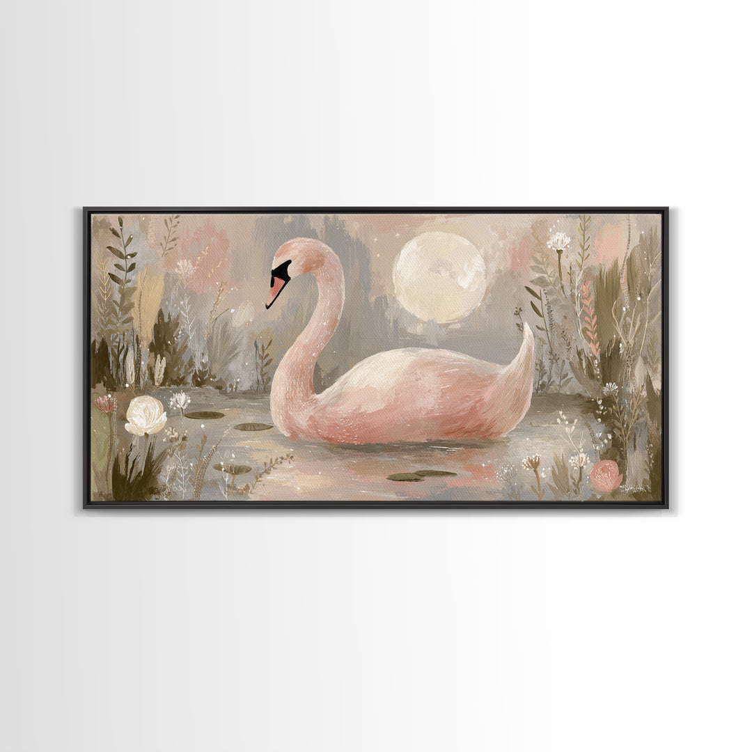 Pink Swan on Calm Pond Framed Canvas Print, Nursery Decor, Printable Wall Art, Nursery, Nursery Prints, Playroom Decor, NDE-2x1-9
