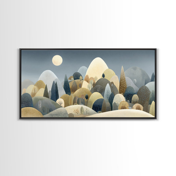 Calm Mountain Nursery Landscape Framed Canvas Print, Nursery Decor, Wall, Nursery, Nursery Wall Decals, Woodland Nursery, NDE-2x1-92
