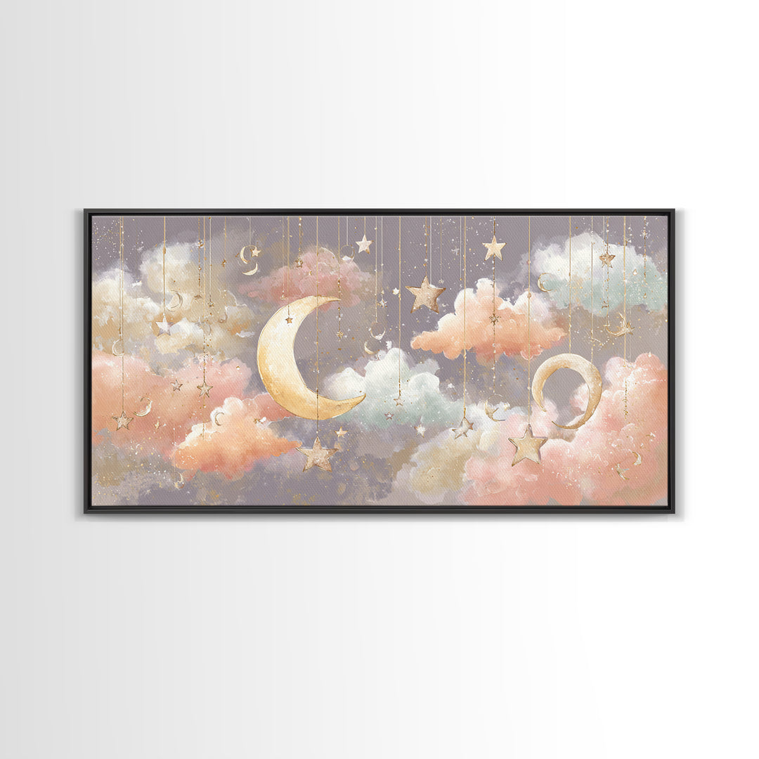 Moon Phase Mobile Framed Canvas Print, Nursery Decor, Neutral Decor, Fine Art, Nursery, Home Decor, Wall Decor, Art Print, NDE-2x1-95