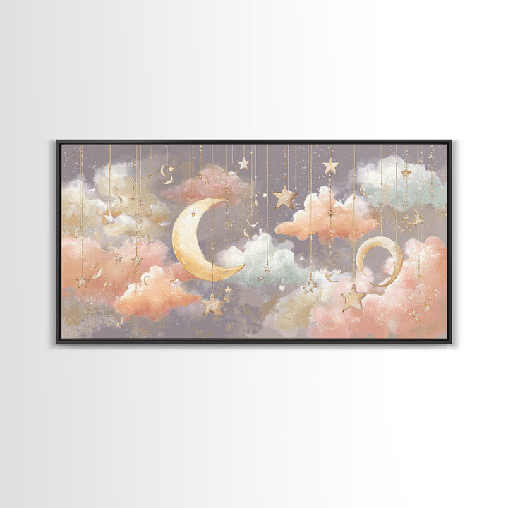 Moon Phase Mobile Framed Canvas Print, Nursery Decor, Neutral Decor, Fine Art, Nursery, Home Decor, Wall Decor, Art Print, NDE-2x1-95