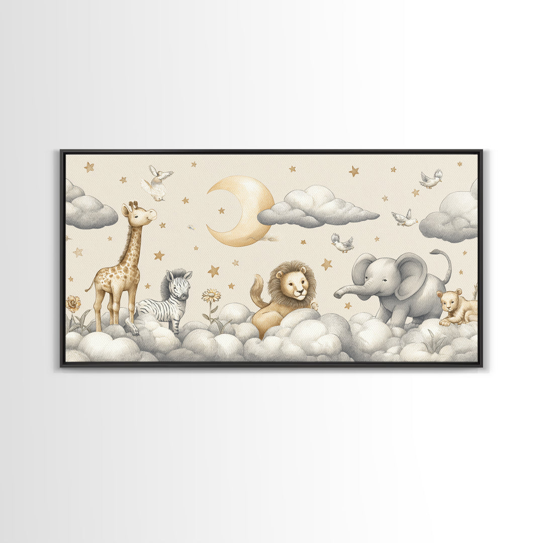 Cute Safari Animals Framed Canvas Print, Nursery Decor, Floral Wallpaper, Oil Painting, Nursery, Fine Art Print, NDE-2x1-96