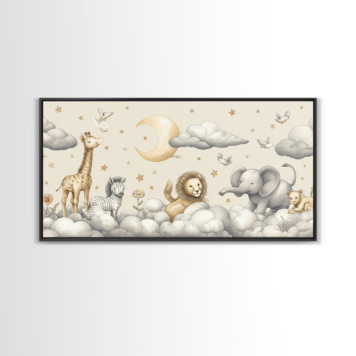 Cute Safari Animals Framed Canvas Print, Nursery Decor, Floral Wallpaper, Oil Painting, Nursery, Fine Art Print, NDE-2x1-96