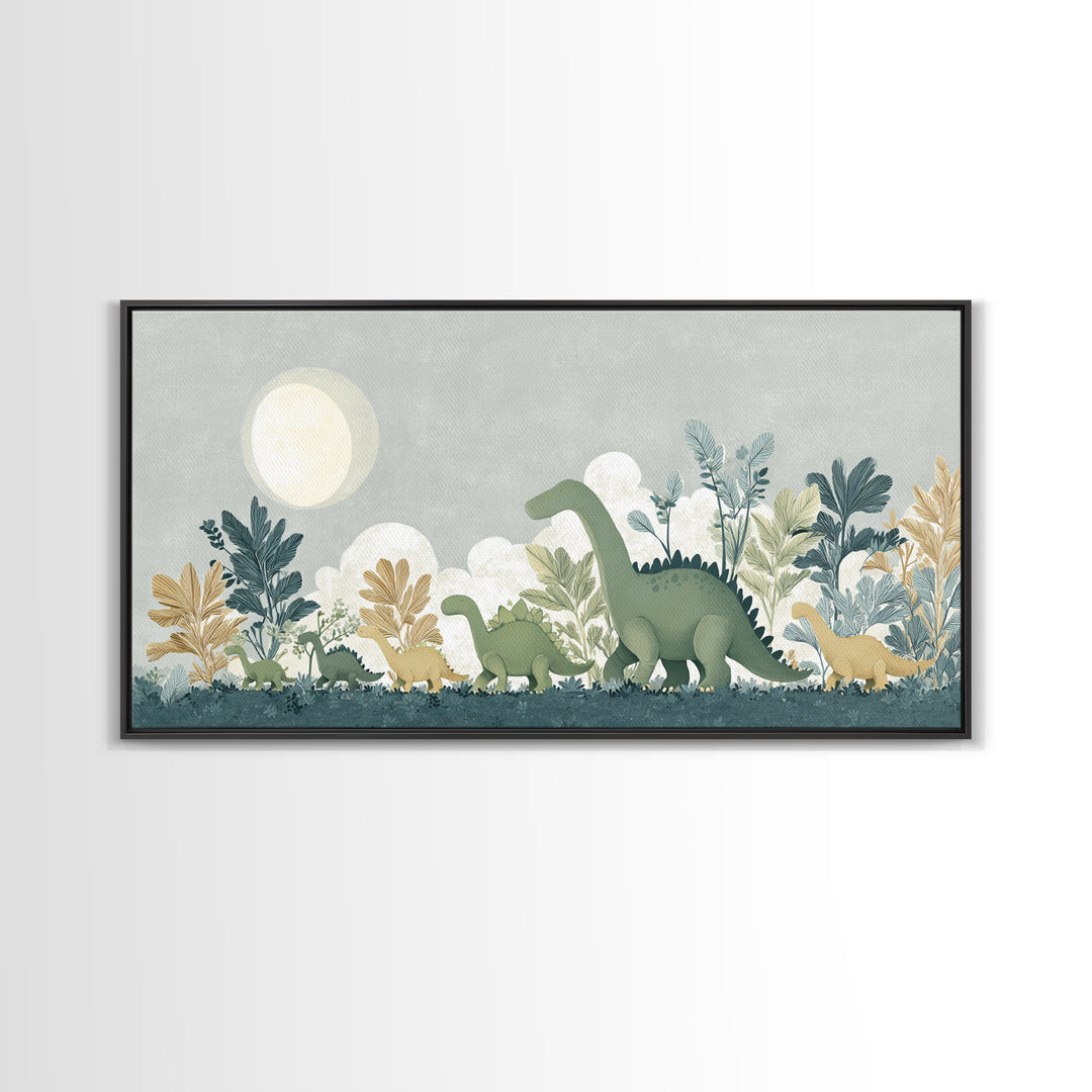Gentle Dinosaur Family Framed Canvas Print, Nursery Decor, Floral Wall Art, Fine Art, Nursery, Gallery Decor, Neutral Decor, NDE-2x1-99