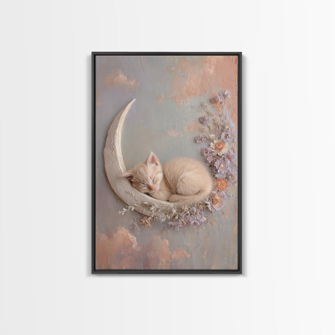 Sleeping Kitten on Crescent Moon Framed Canvas Print, Nursery Decor, Framed Wall Art, Fine Art, Nursery, Safari Nursery Decor, NDE-2x3-1