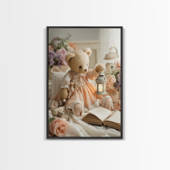 Storybook Bear with Little Lantern Framed Canvas Print, Nursery Decor, Wall Decals, Abstract Art, Nursery, Girl Nursery Decor, NDE-2x3-17