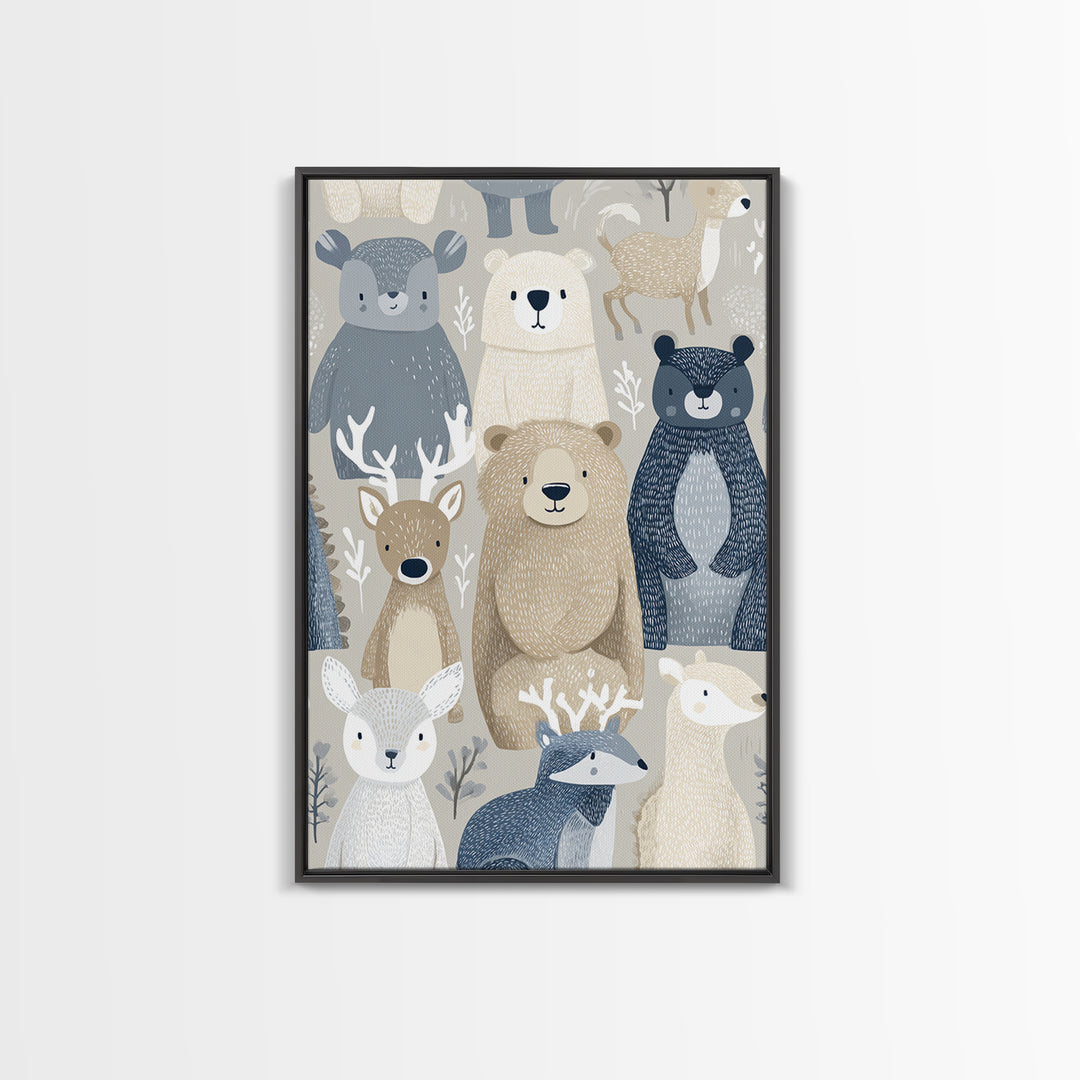 Woodland Animal Parade Framed Canvas Print, Nursery Decor, Canvas, Fine Art, Nursery, Playroom Decor, Floral Wall Art, NDE-2x3-34