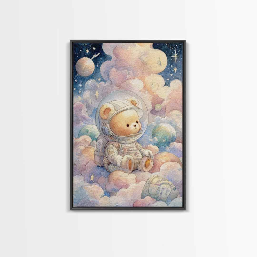 Little Astronaut Bear Framed Canvas Print, Nursery Decor, Wall Decals, Abstract Art, Nursery, Girl Nursery Decor, NDE-2x3-47