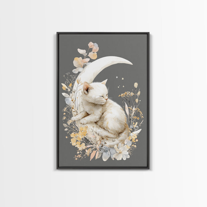 Sleeping Kitten on Crescent Moon Canvas Print, Nursery Decor, Nursery Art, Nursery, Kids Wall Art, Nursery Wall Decals, NDE-2x3-49