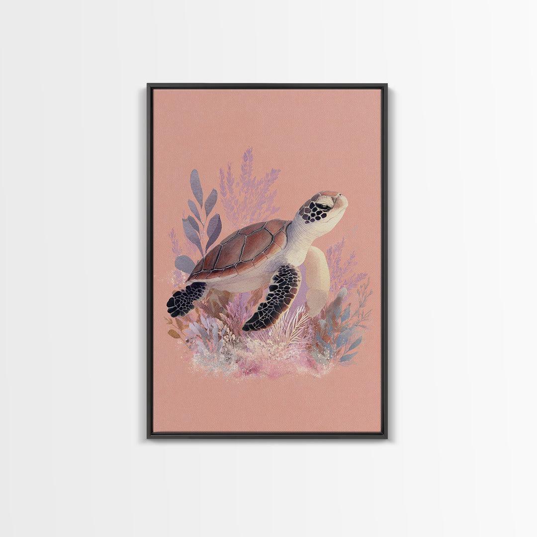 Tiny Turtle with Sea Plants Framed Canvas Print, Nursery Decor, Nursery Wall Art, Oil Painting, Nursery, Botanical Wall Art, NDE-2x3-51