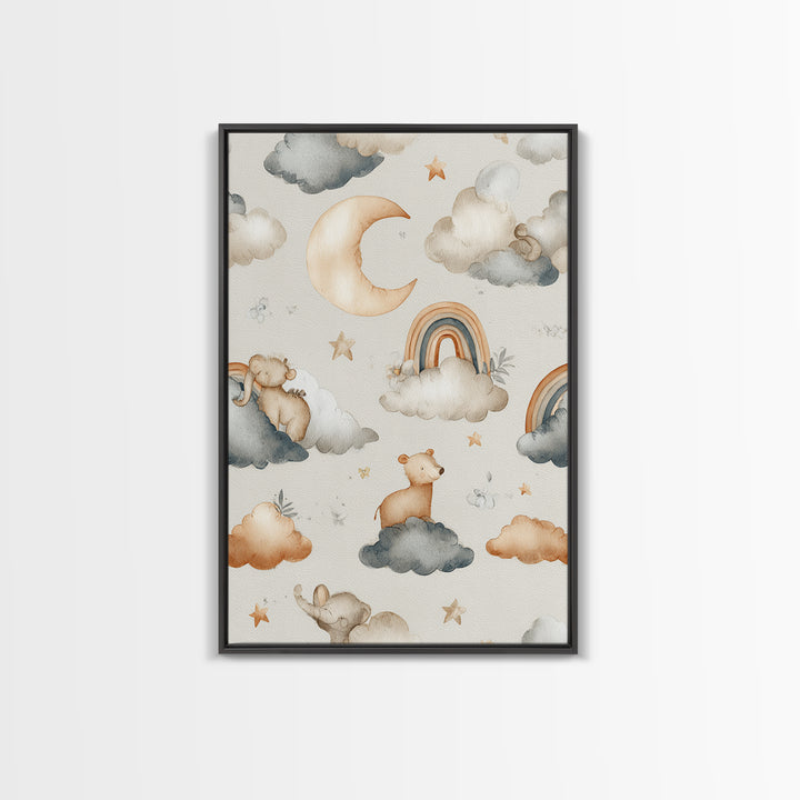 Cloud Rainbow and Raindrop Composition Framed Canvas Print, Nursery Decor, Wall Decor, Nursery, Woodland Nursery Decor, NDE-2x3-52