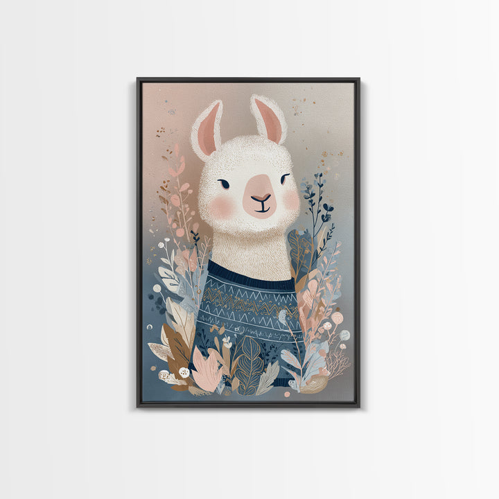Cute Llama with Blanket Pattern Framed Canvas Print, Nursery Decor, Wall, Oil Painting, Nursery, Nursery Wall Decals, NDE-2x3-53