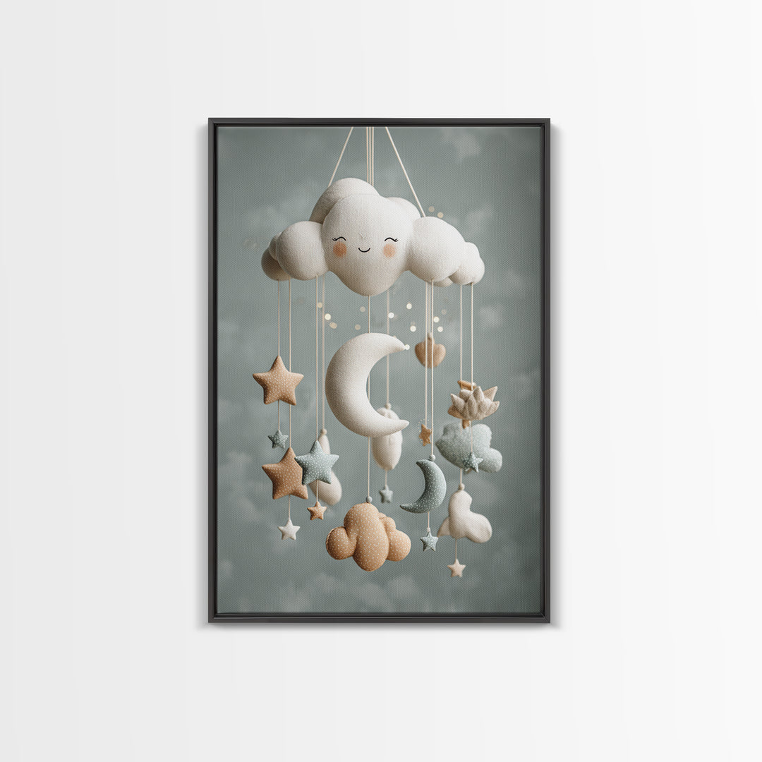 Moon Phase Mobile Framed Canvas Print, Nursery Decor, Wall, Oil Painting, Nursery, Nursery Wall Decals, Woodland Nursery, NDE-2x3-59