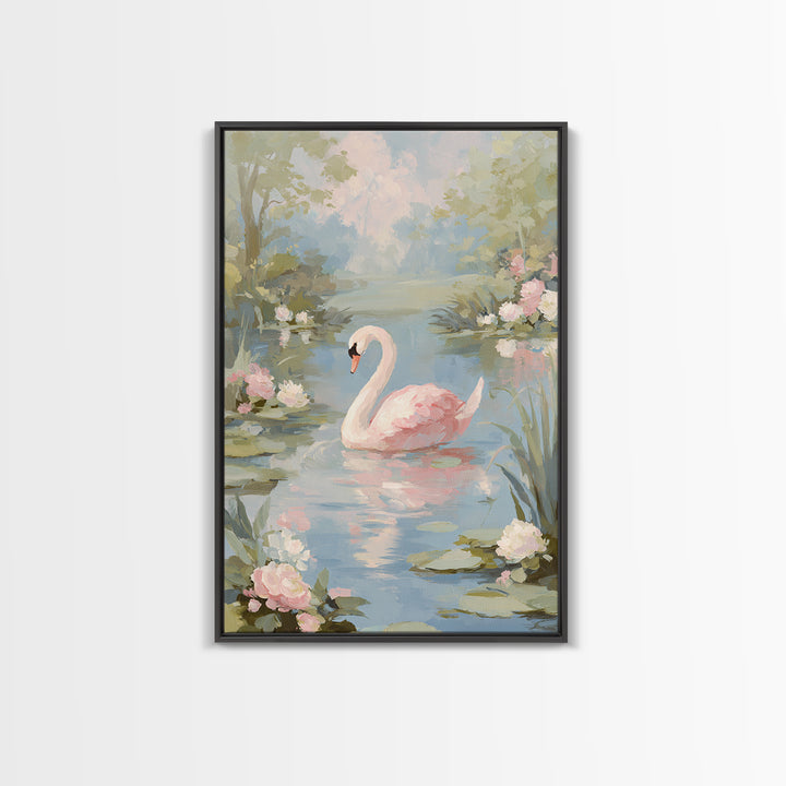 Pink Swan on Calm Pond Framed Canvas Print, Nursery Decor, Floral Wall Art, Fine Art, Nursery, Gallery Decor, Neutral Decor, NDE-2x3-69