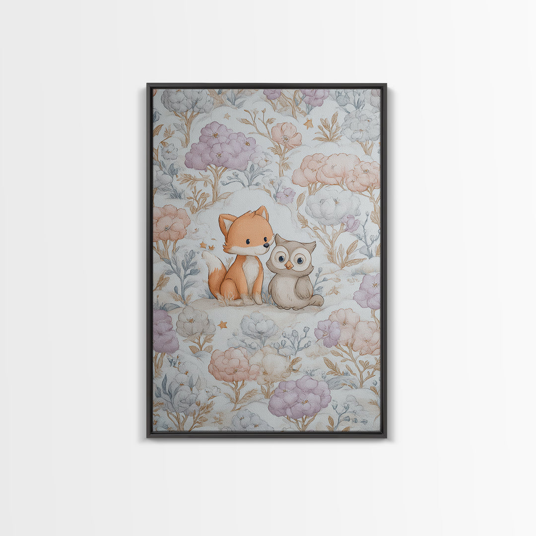Fox and Owl Friends Canvas Print, Nursery Decor, Framed Wall Art, Oil Painting, Nursery, Safari Nursery Decor, Floral Wallpaper, NDE-2x3-70
