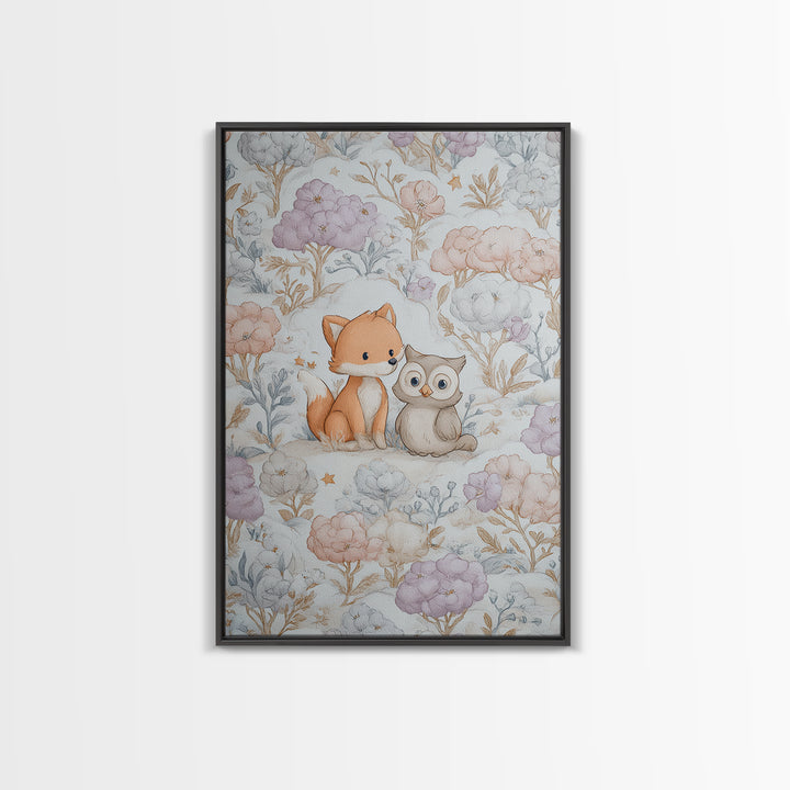 Fox and Owl Friends Canvas Print, Nursery Decor, Framed Wall Art, Oil Painting, Nursery, Safari Nursery Decor, Floral Wallpaper, NDE-2x3-70