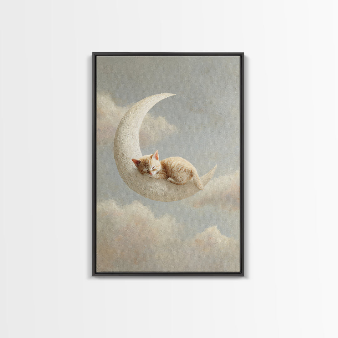 Sleeping Kitten on Crescent Moon Framed Canvas Print, Nursery Decor, Botanical Wall Art, Fine Art, Nursery, Neutral Decor, NDE-2x3-73