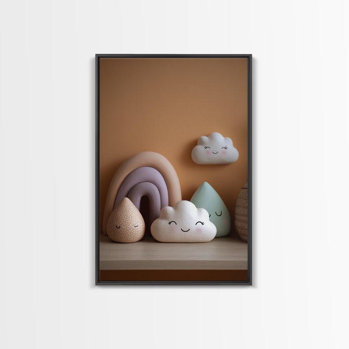 Cloud Rainbow and Raindrop Composition Framed Canvas Print, Nursery Decor, Nursery Name Sign, Fine Art, Nursery, Luxury Decor, NDE-2x3-76