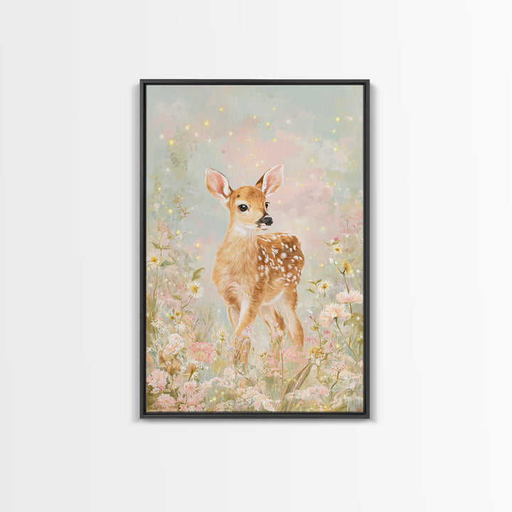 Baby Deer in Meadow with Fireflies Framed Canvas Print, Nursery Decor, Wall Decal, Nursery, Wall Light, Girl Nursery Decor, NDE-2x3-78