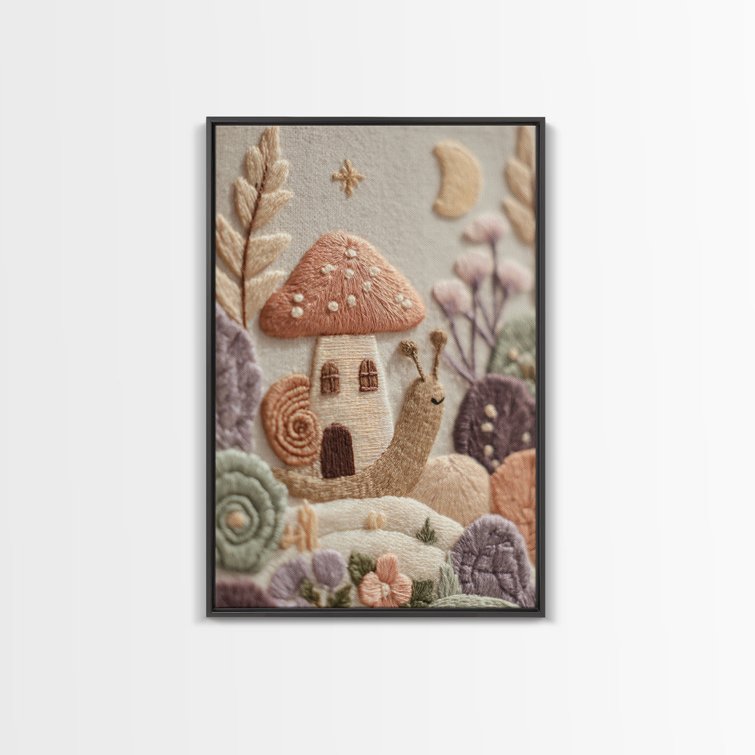 Garden Snail with Mushroom House Canvas Print, Nursery Decor, Nursery Art, Watercolor Art, Nursery, Kids Wall Art, NDE-2x3-79