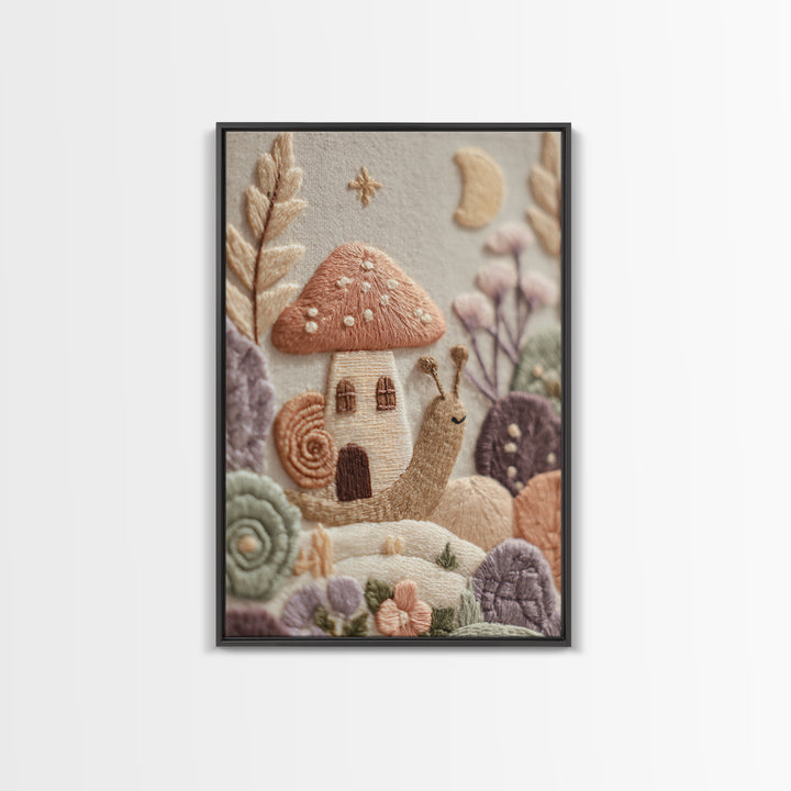Garden Snail with Mushroom House Canvas Print, Nursery Decor, Nursery Art, Watercolor Art, Nursery, Kids Wall Art, NDE-2x3-79