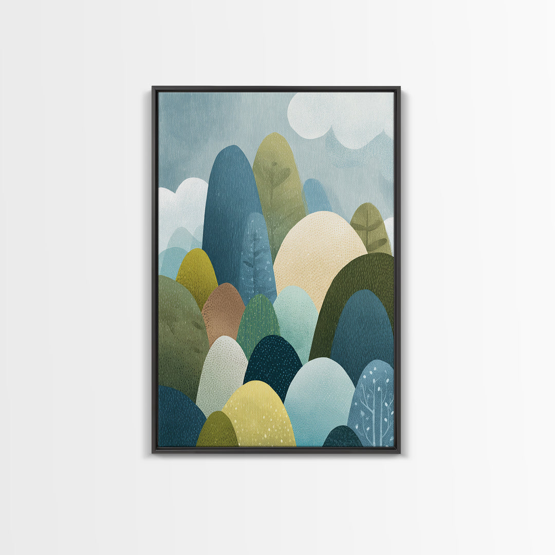Calm Mountain Nursery Landscape Framed Canvas Print, Nursery Decor, Bedroom Decor, Fine Art, Nursery, Floral Wallpaper, NDE-2x3-80