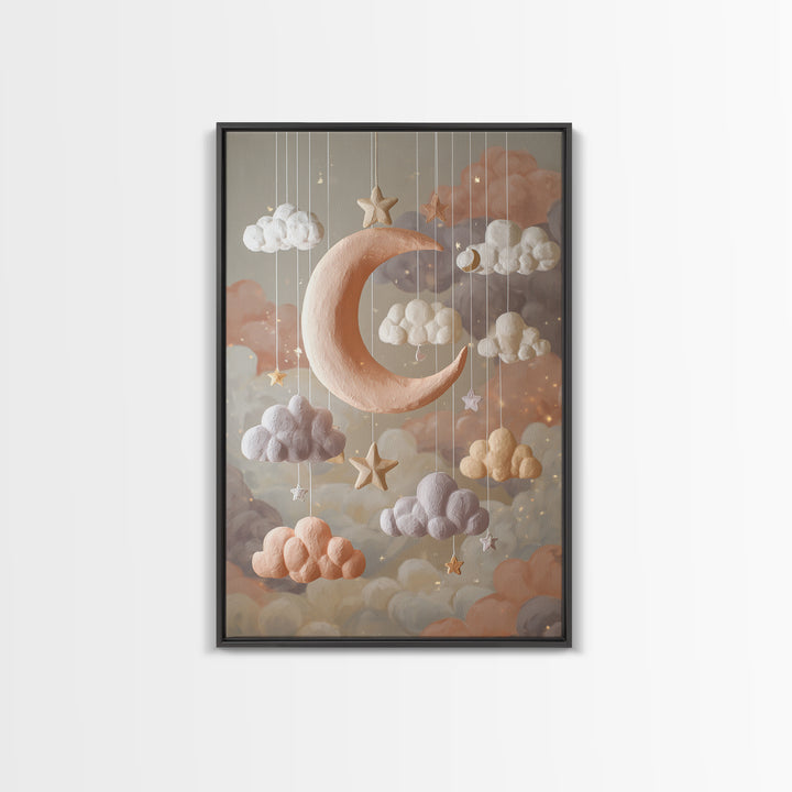 Moon Phase Mobile Framed Canvas Print, Nursery Decor, Kids Wall Art, Abstract Art, Nursery, Room Decor, Textured Painting, NDE-2x3-83