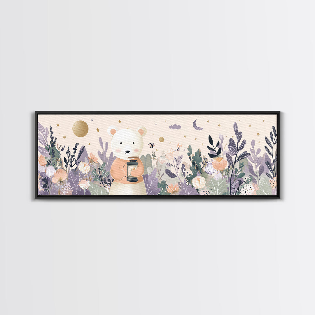 Storybook Bear with Little Lantern Framed Canvas Print, Nursery Decor, Safari Nursery Decor, Fine Art, Nursery, Modern Decor, NDE-3x1-1