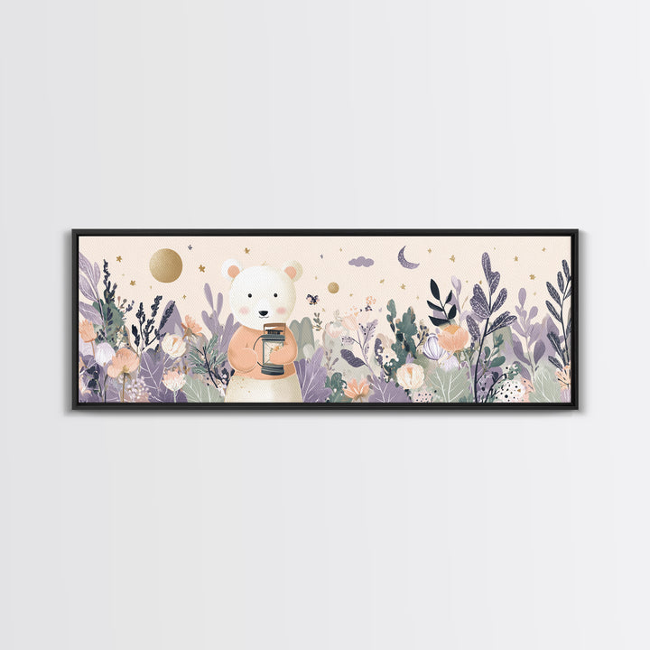 Storybook Bear with Little Lantern Framed Canvas Print, Nursery Decor, Safari Nursery Decor, Fine Art, Nursery, Modern Decor, NDE-3x1-1